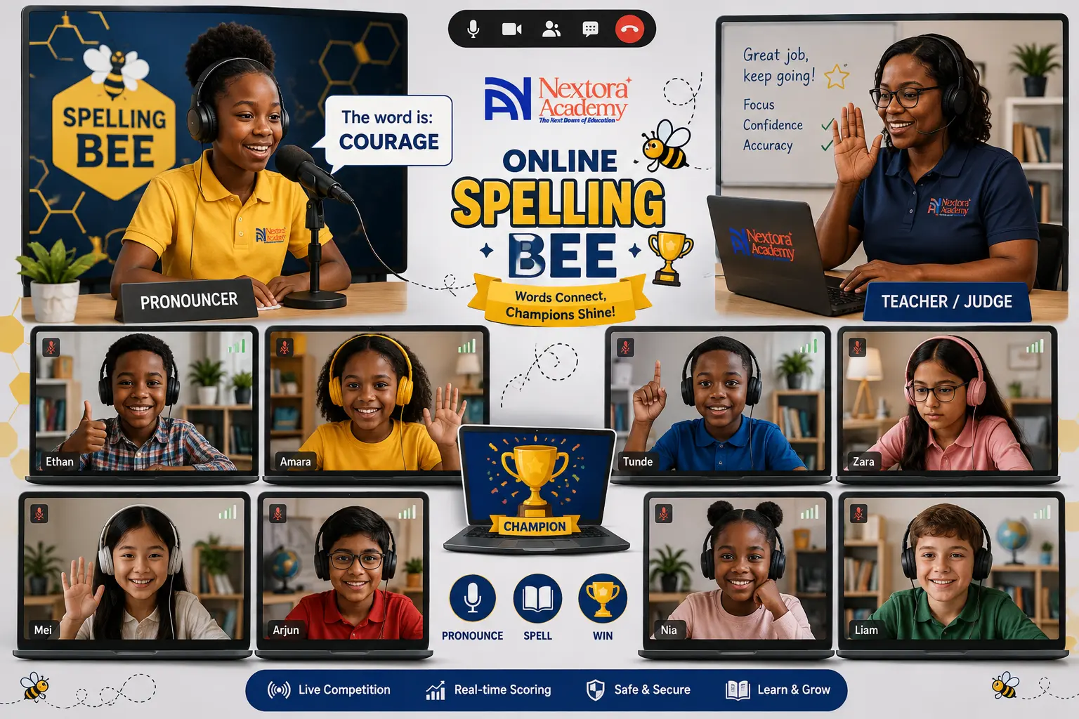 The Nextora Live Spelling Bee online: a student contestant at the microphone, a pronouncer giving the word and a teacher-judge on screen