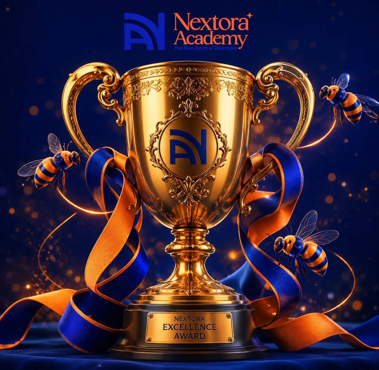 The Nextora Academy Excellence Award championship cup, framed by blue and coral ribbons and Nextora-coloured bees